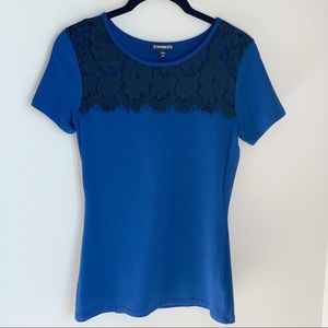 Dressy Lace Trim T-shirt, Blue, Size S, Never Worn